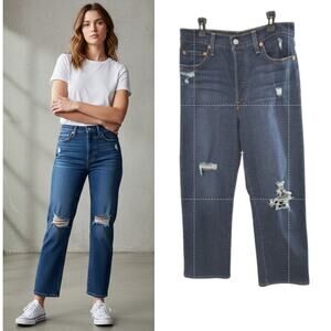 Levi Ribcage Straight Ankle Jeans Women's Sz 29 Button Fly Distressed Dark Wash